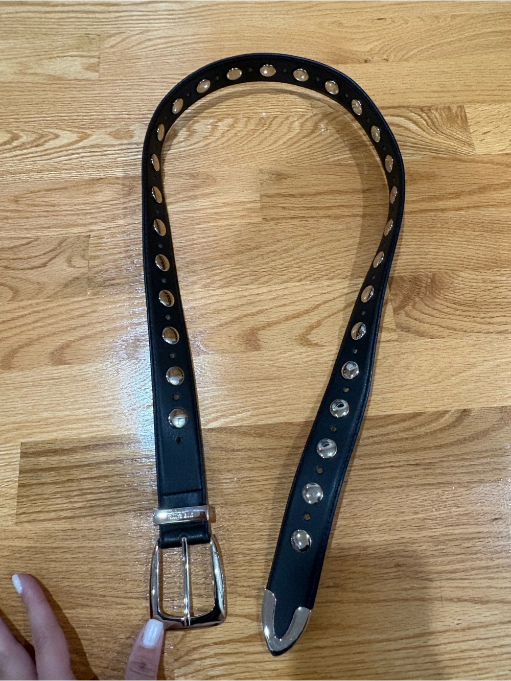 Steve Madden Black Studded Leather Belt with Silver Hardware